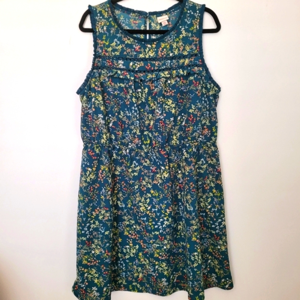 Floral Sleeveless Dress Green Teal Size XXL Ruffle Boho Fairy Forest